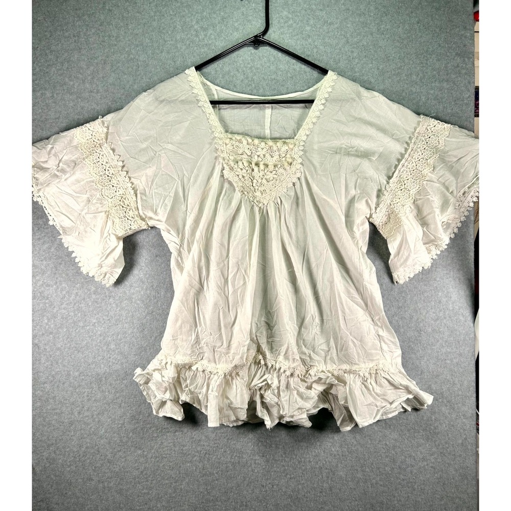 Blouse Top Womens White Crochet Lace Trim Square Neck Flutter Sleeve Ruffle Hem
